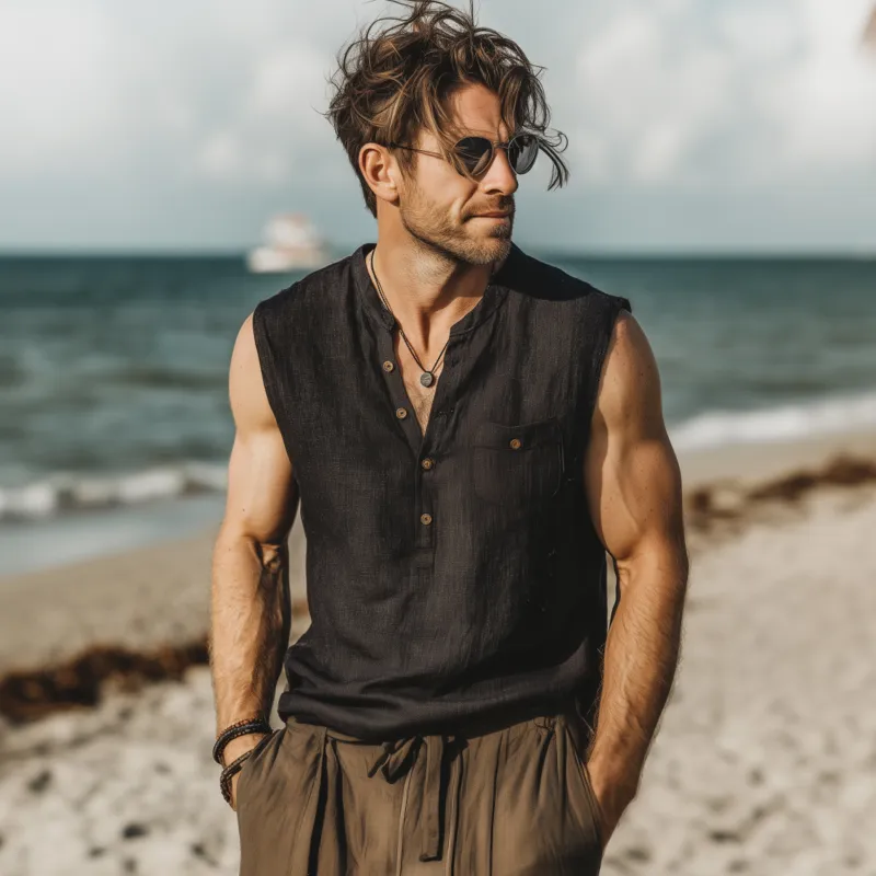 Men's Casual Breathable Cotton Linen Button Stand Collar Patch Pocket Loose Sleeveless Shirt MTA2659F5M sold by Manly product image thumbnail 3