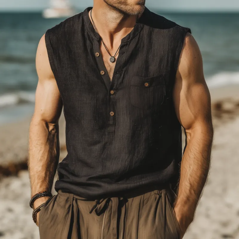 Men's Casual Breathable Cotton Linen Button Stand Collar Patch Pocket Loose Sleeveless Shirt MTA2659F5M sold by Manly product image thumbnail 2