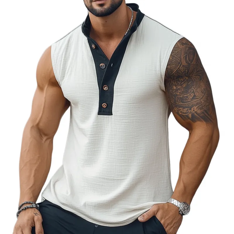 Men's Casual Breathable Colorblock Cotton Linen Button Stand Collar Pullover Loose Tank Top MTA2508F7M sold by Manly