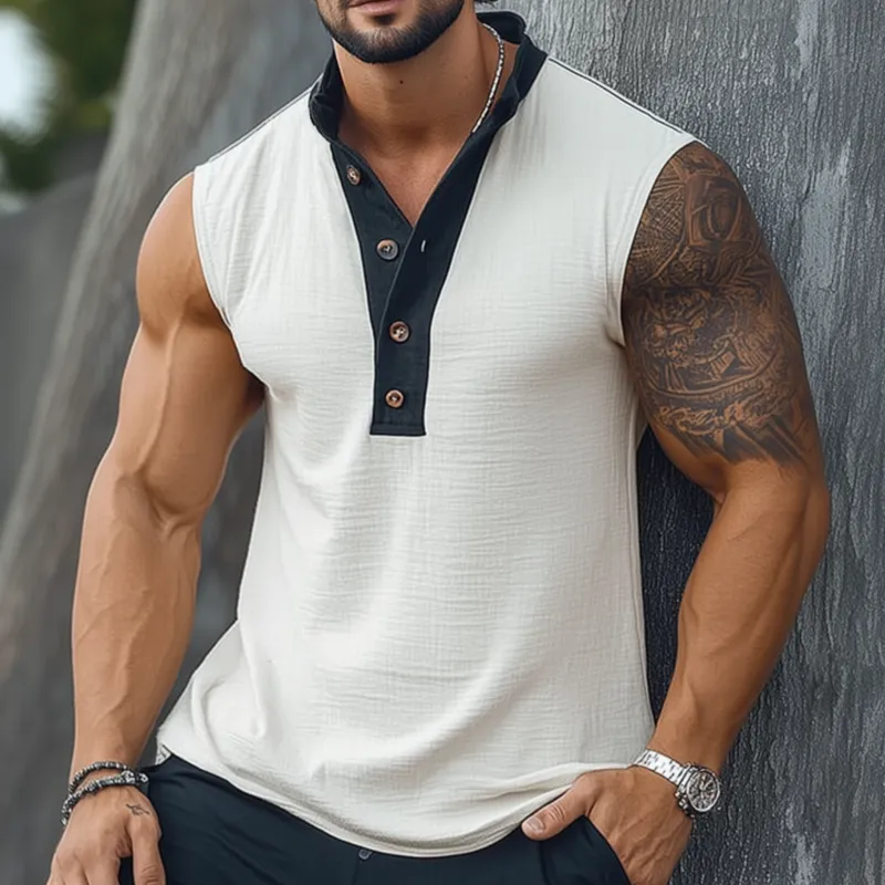 Men's Casual Breathable Colorblock Cotton Linen Button Stand Collar Pullover Loose Tank Top MTA2508F7M sold by Manly product image thumbnail 2