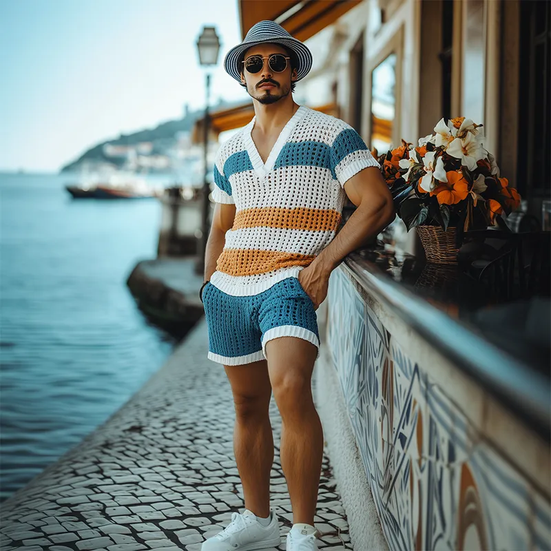 Men's Fashion Casual V-neck Contrast Color Horizontal Striped Knitted Short Sleeve T-shirt Elastic Waist Shorts Set MTA2676F6K sold by Manly product image thumbnail 3