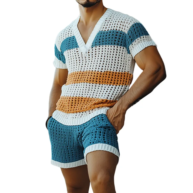 Men's Fashion Casual V-neck Contrast Color Horizontal Striped Knitted Short Sleeve T-shirt Elastic Waist Shorts Set MTA2676F6K sold by Manly