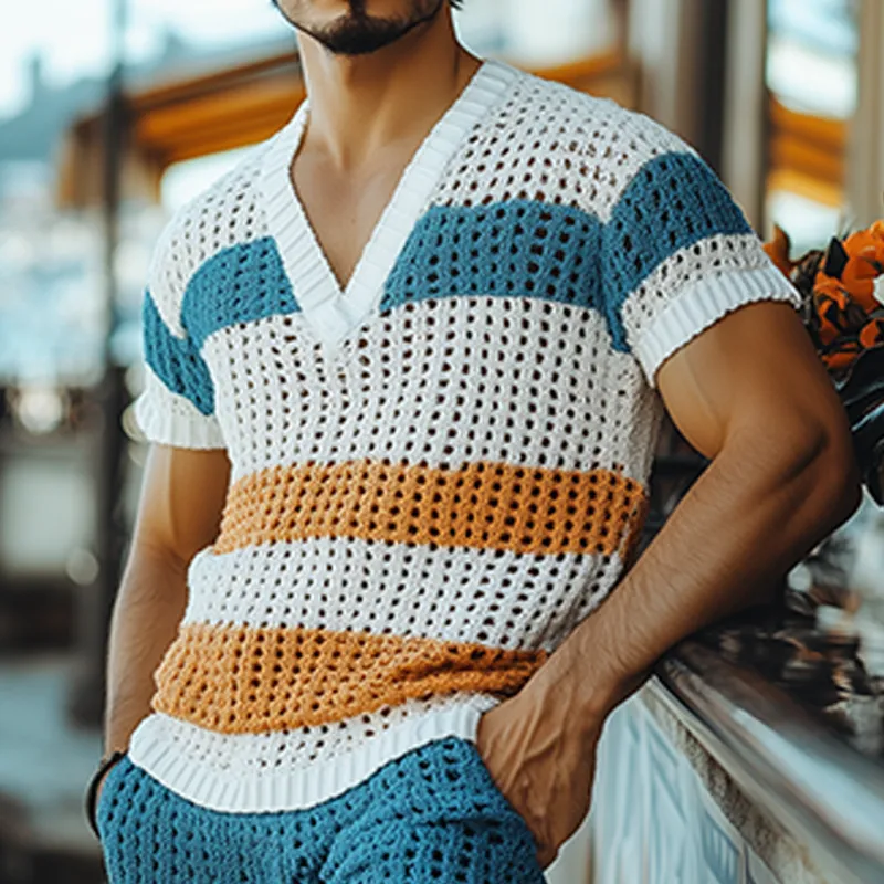 Men's Fashion Casual V-neck Contrast Color Horizontal Striped Knitted Short Sleeve T-shirt Elastic Waist Shorts Set MTA2676F6K sold by Manly product image thumbnail 4