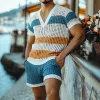 Men's Fashion Casual V-neck Contrast Color Horizontal Striped Knitted Short Sleeve T-shirt Elastic Waist Shorts Set MTA2676F6K sold by Manly