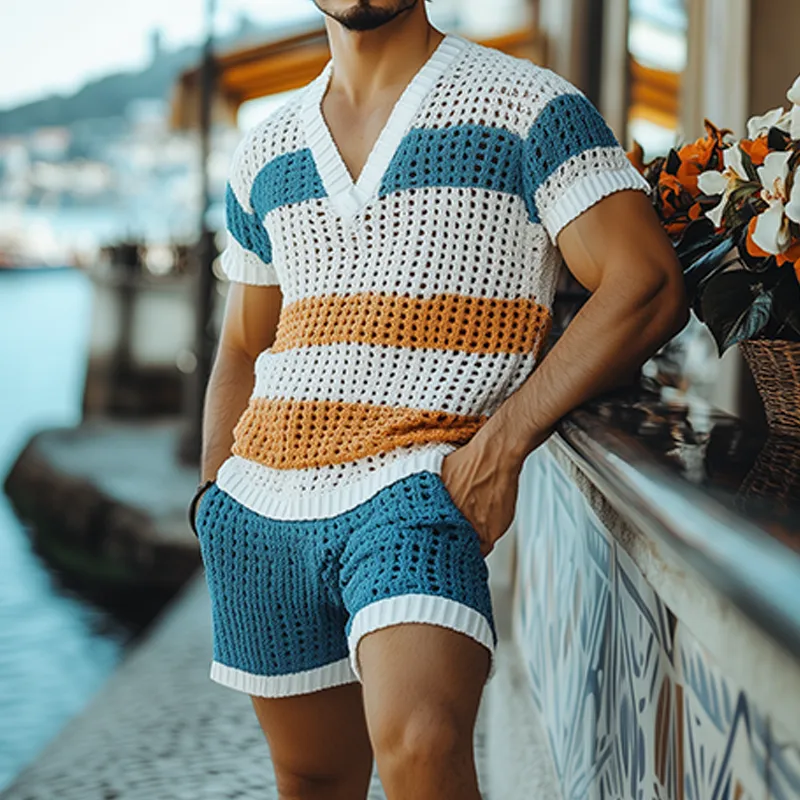 Men's Fashion Casual V-neck Contrast Color Horizontal Striped Knitted Short Sleeve T-shirt Elastic Waist Shorts Set MTA2676F6K sold by Manly product image thumbnail 2