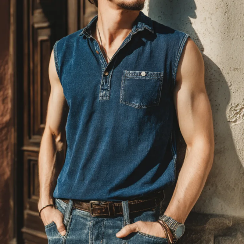 Men's Casual Denim Washed Distressed Patch Pocket Lapel Button Pullover Sleeveless Polo Shirt MTA2439F3M sold by Manly product image thumbnail 2