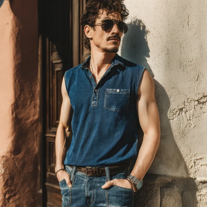 Men's Casual Denim Washed Distressed Patch Pocket Lapel Button Pullover Sleeveless Polo Shirt MTA2439F3M sold by Manly product image thumbnail 3