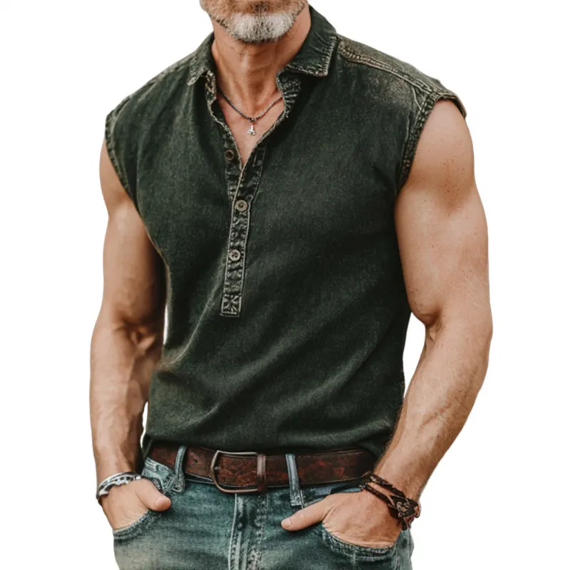 Men's Casual Outdoor Denim Washed Distressed Lapel Button Down Sleeveless Polo Shirt MTA2580F3M sold by Manly