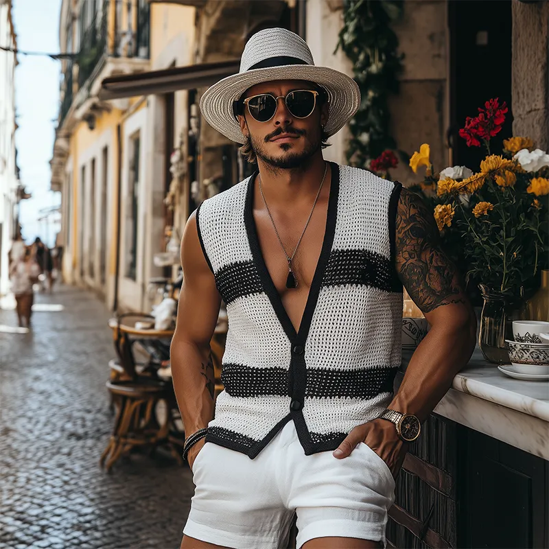 Men's Summer Fashion Casual Black And White Horizontal Striped Deep V-neck Knitted Vest MTA2680F3K sold by Manly product image thumbnail 3