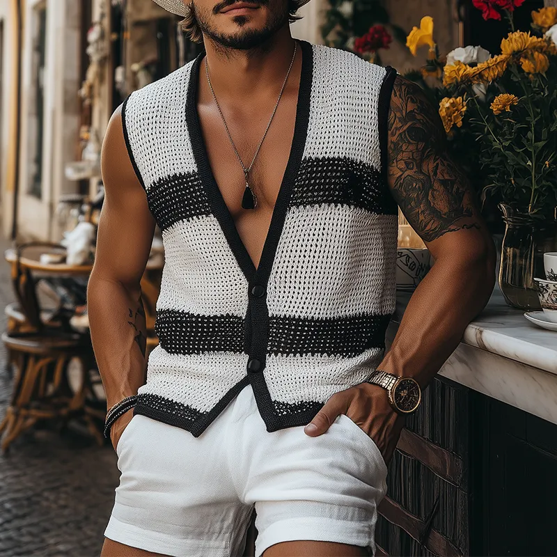 Men's Summer Fashion Casual Black And White Horizontal Striped Deep V-neck Knitted Vest MTA2680F3K sold by Manly product image thumbnail 2