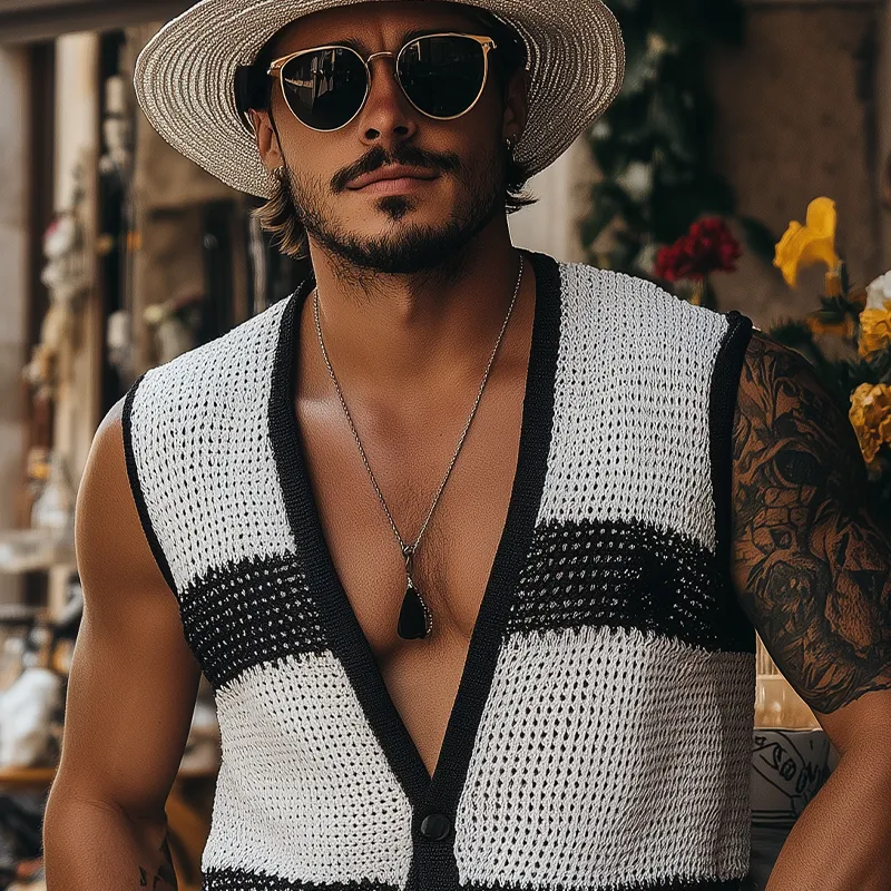 Men's Summer Fashion Casual Black And White Horizontal Striped Deep V-neck Knitted Vest MTA2680F3K sold by Manly product image thumbnail 4