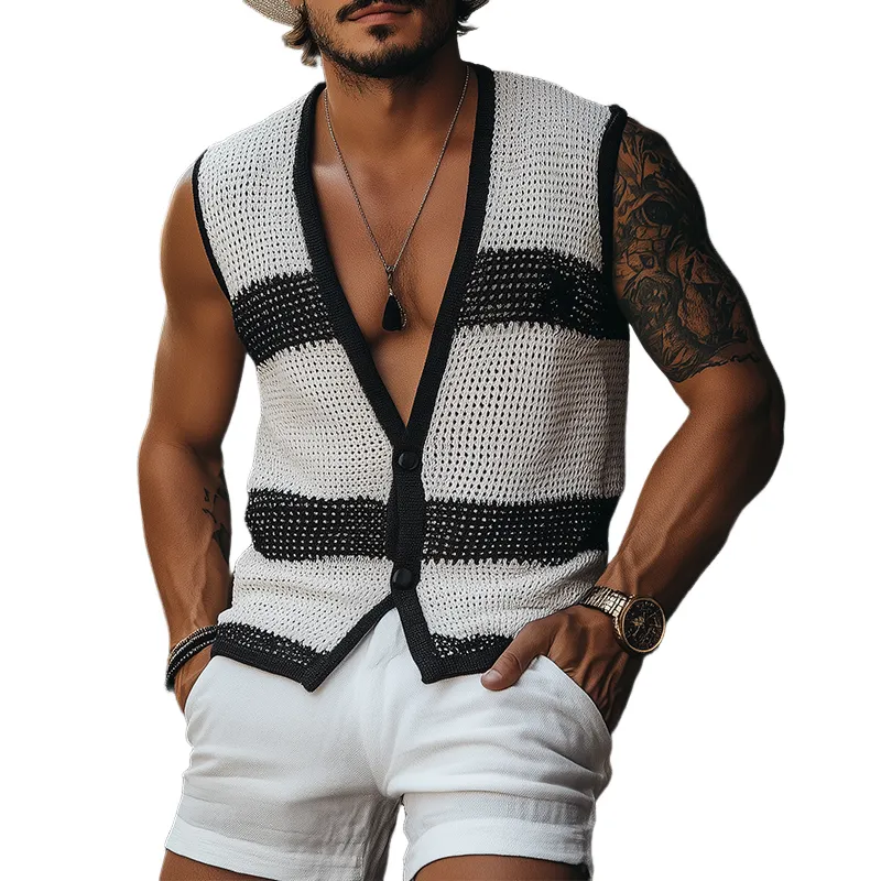 Men's Summer Fashion Casual Black And White Horizontal Striped Deep V-neck Knitted Vest MTA2680F3K sold by Manly
