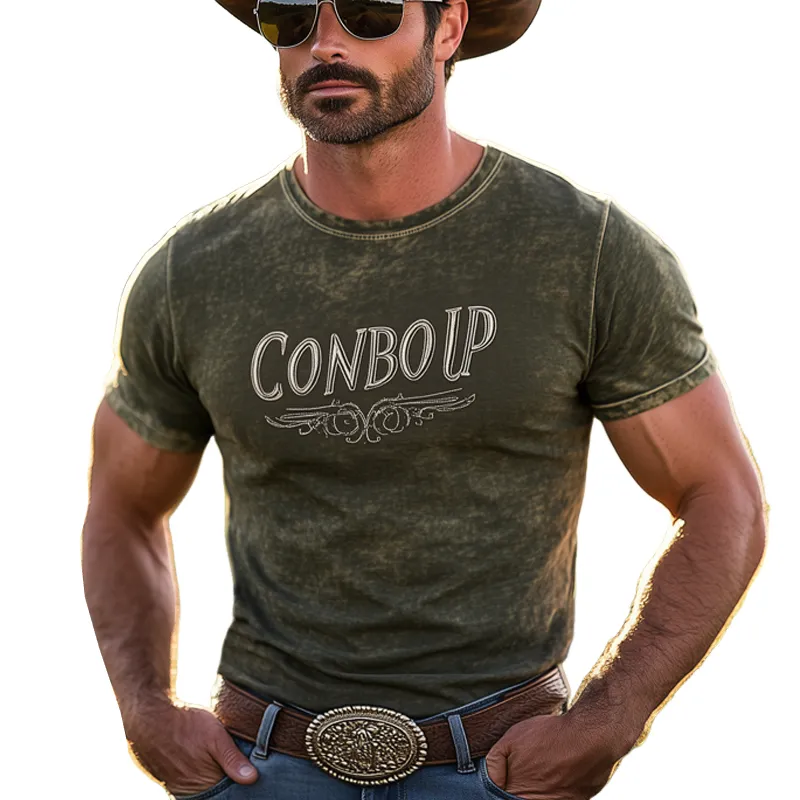 Men's Summer Western Style Embroidered Round Neck Short Sleeve T-Shirt MTA2668F8U sold by Manly