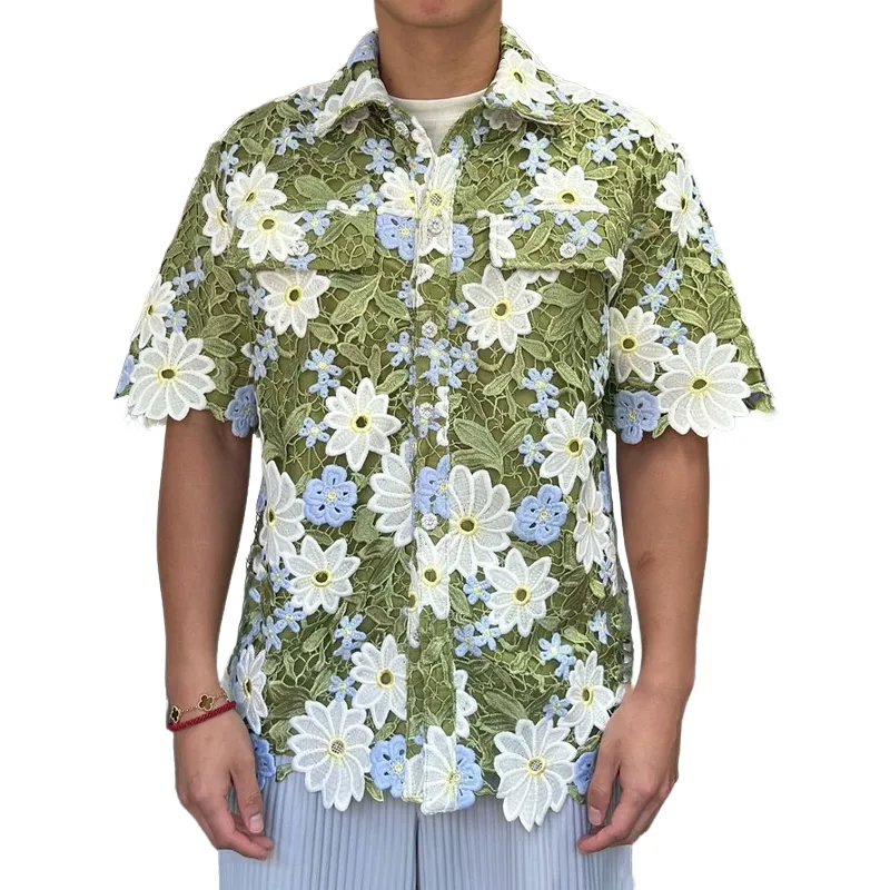 Men's Summer Fashion Embroidered Floral Hollow Sleeve Shirt MTA2667F6U sold by Manly
