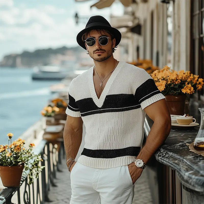 Men's Summer Fashion Casual V-neck Black And White Horizontal Striped Knitted Short Sleeve T-shirt MTA2644F2K sold by Manly product image thumbnail 3