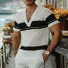 Men's Summer Fashion Casual V-neck Black And White Horizontal Striped Knitted Short Sleeve T-shirt MTA2644F2K sold by Manly