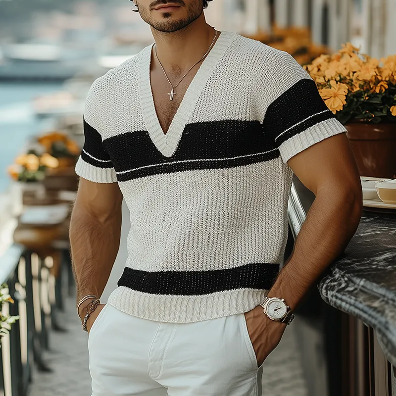 Men's Summer Fashion Casual V-neck Black And White Horizontal Striped Knitted Short Sleeve T-shirt MTA2644F2K sold by Manly product image thumbnail 2