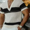Men's Summer Fashion Casual V-neck Black And White Horizontal Striped Knitted Short Sleeve T-shirt MTA2644F2K sold by Manly
