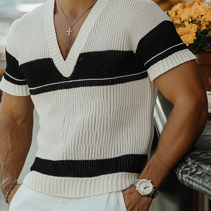 Men's Summer Fashion Casual V-neck Black And White Horizontal Striped Knitted Short Sleeve T-shirt MTA2644F2K sold by Manly product image thumbnail 5