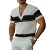 Men's Summer Fashion Casual V-neck Black And White Horizontal Striped Knitted Short Sleeve T-shirt MTA2644F2K sold by Manly