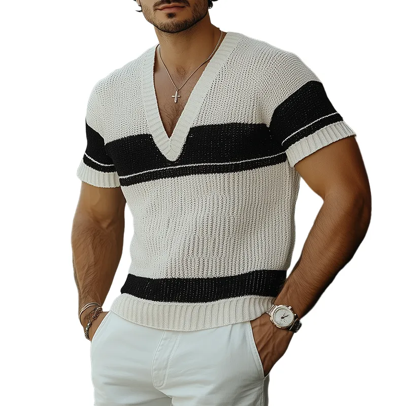 Men's Summer Fashion Casual V-neck Black And White Horizontal Striped Knitted Short Sleeve T-shirt MTA2644F2K sold by Manly