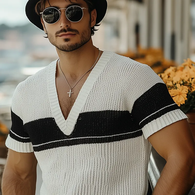 Men's Summer Fashion Casual V-neck Black And White Horizontal Striped Knitted Short Sleeve T-shirt MTA2644F2K sold by Manly product image thumbnail 4