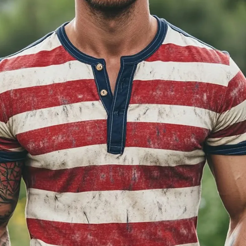 Men's Stripe Print Henley Neck Short Sleeve T-Shirt MTA2634F3X sold by Manly product image thumbnail 2