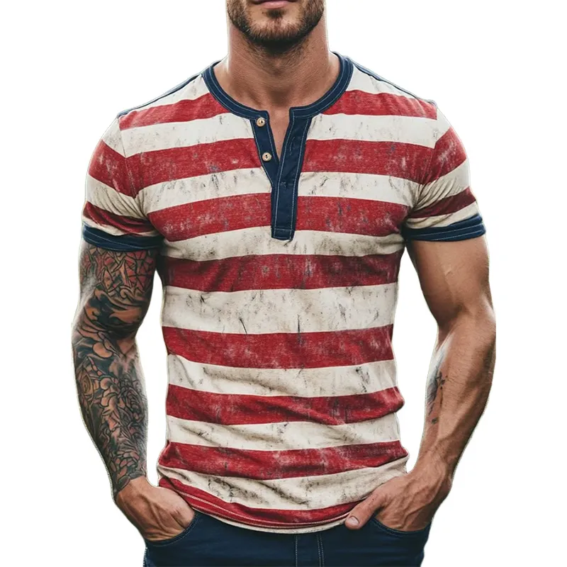 Men's Stripe Print Henley Neck Short Sleeve T-Shirt MTA2634F3X sold by Manly