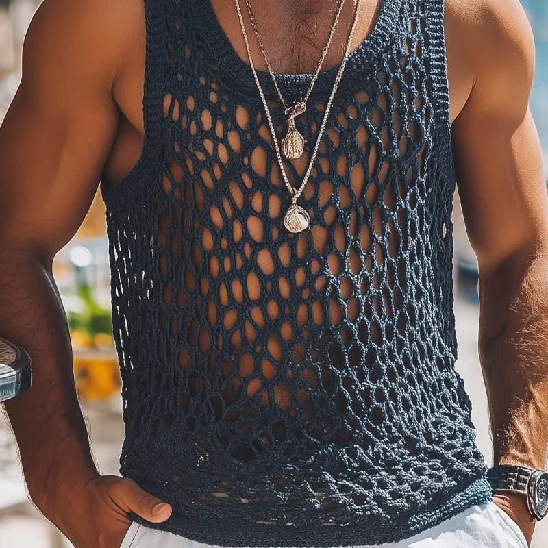 Men's Summer Fashion Casual U-neck Knitted Crochet Hollow Tank Top MTA2608F9K sold by Manly product image thumbnail 5