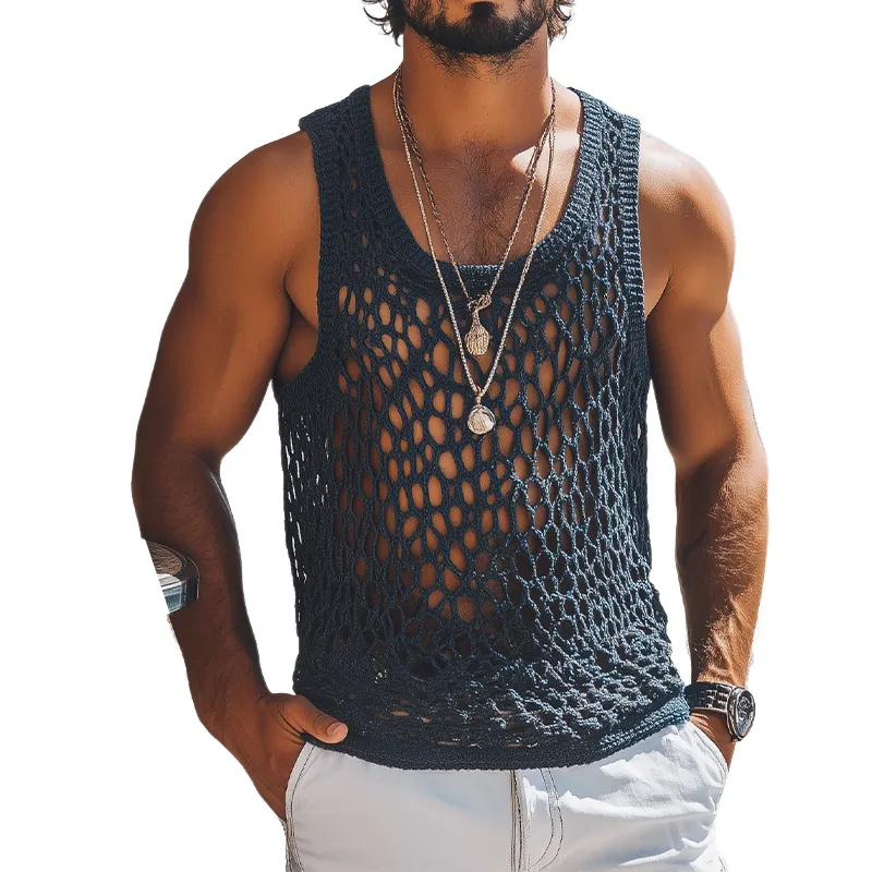 Men's Summer Fashion Casual U-neck Knitted Crochet Hollow Tank Top MTA2608F9K sold by Manly