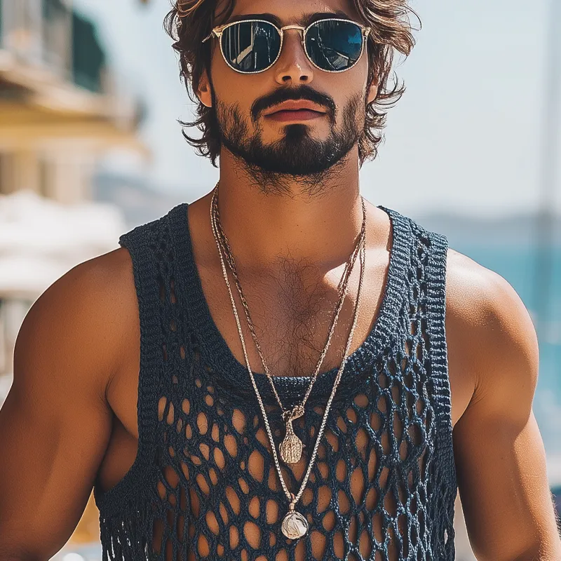 Men's Summer Fashion Casual U-neck Knitted Crochet Hollow Tank Top MTA2608F9K sold by Manly product image thumbnail 4