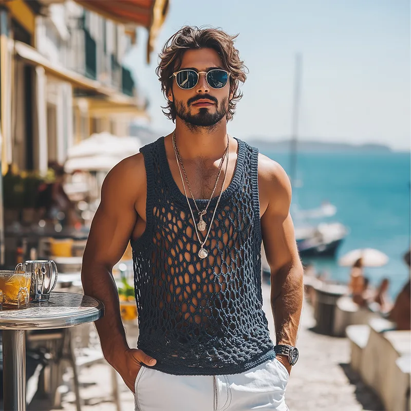 Men's Summer Fashion Casual U-neck Knitted Crochet Hollow Tank Top MTA2608F9K sold by Manly product image thumbnail 3