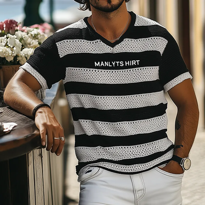 Men's Summer Fashion Casual V-neck Knitted Black And White Horizontal Stripes Letter Embroidered Short-sleeved T-shirt MTA2650F9K sold by Manly product image thumbnail 2