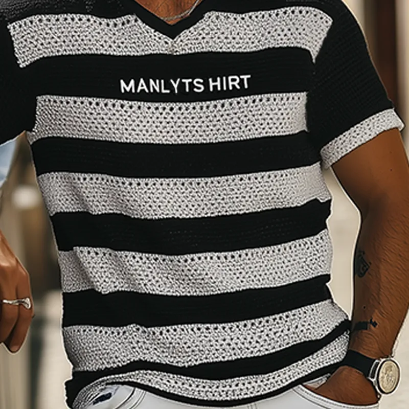 Men's Summer Fashion Casual V-neck Knitted Black And White Horizontal Stripes Letter Embroidered Short-sleeved T-shirt MTA2650F9K sold by Manly product image thumbnail 5