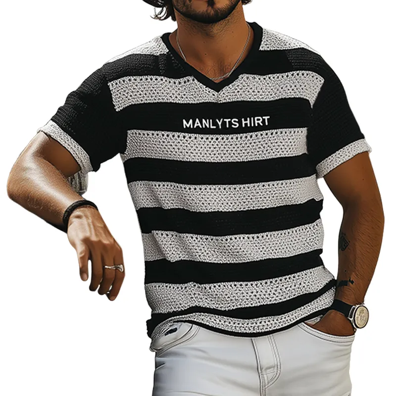 Men's Summer Fashion Casual V-neck Knitted Black And White Horizontal Stripes Letter Embroidered Short-sleeved T-shirt MTA2650F9K sold by Manly