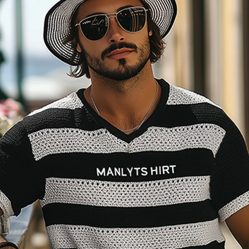 Men's Summer Fashion Casual V-neck Knitted Black And White Horizontal Stripes Letter Embroidered Short-sleeved T-shirt MTA2650F9K sold by Manly product image thumbnail 4