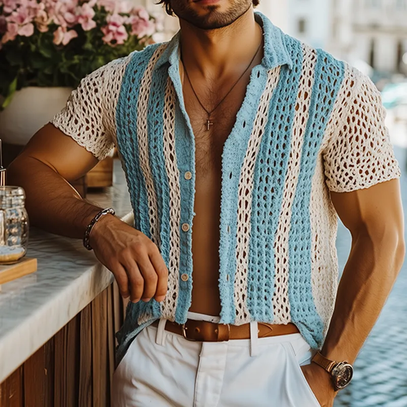 Men's Summer Fashion Casual Knitted Hollow Vertical Striped Short-sleeved Shirt MTA2667F2K sold by Manly product image thumbnail 2