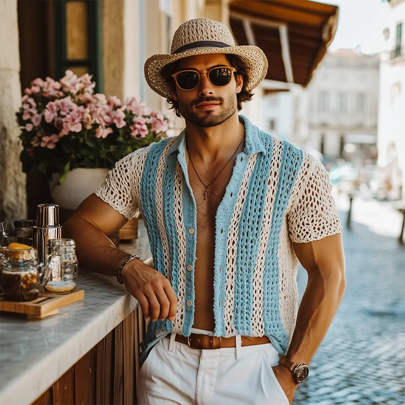 Men's Summer Fashion Casual Knitted Hollow Vertical Striped Short-sleeved Shirt MTA2667F2K sold by Manly product image thumbnail 3