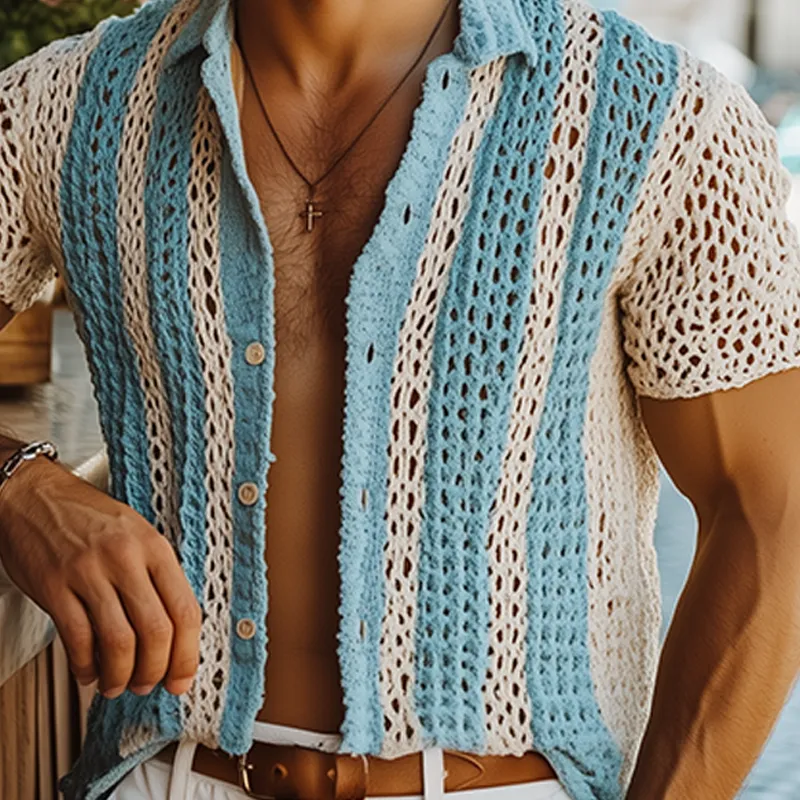 Men's Summer Fashion Casual Knitted Hollow Vertical Striped Short-sleeved Shirt MTA2667F2K sold by Manly product image thumbnail 5