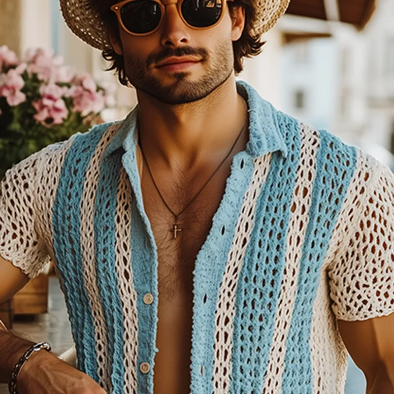 Men's Summer Fashion Casual Knitted Hollow Vertical Striped Short-sleeved Shirt MTA2667F2K sold by Manly product image thumbnail 4