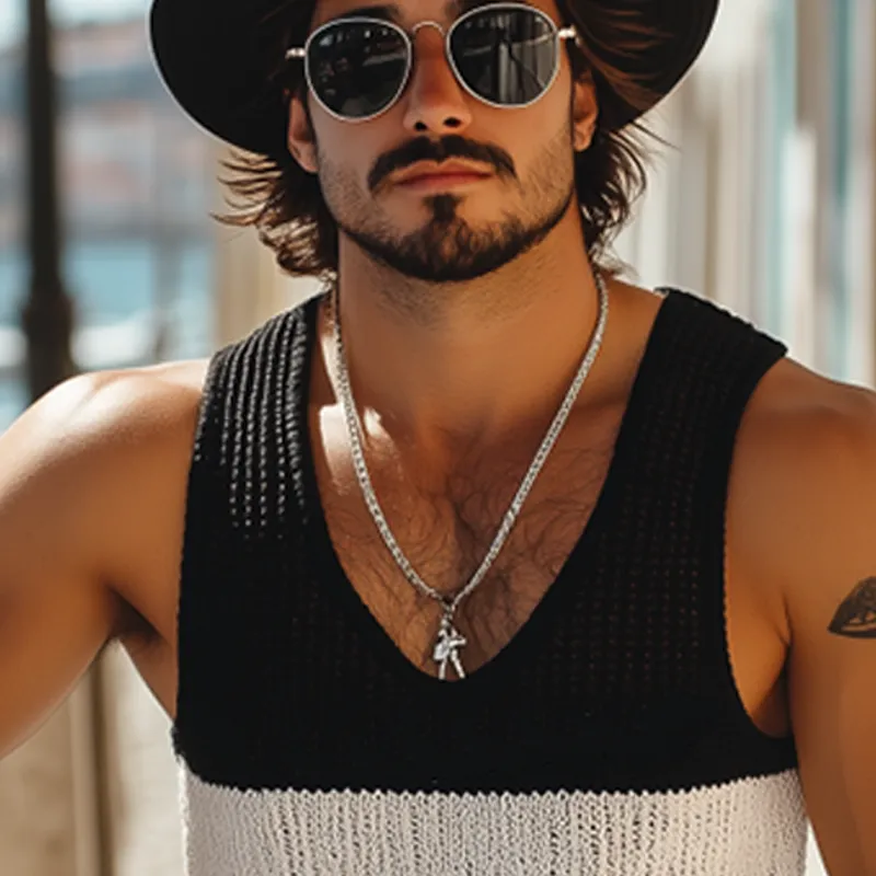 Men's Summer Fashion Casual U-neck Knitted Black And White Horizontal Striped Tank Top MTA2649F7K sold by Manly product image thumbnail 4