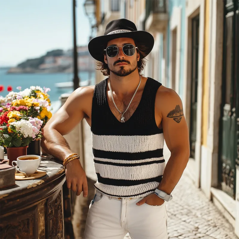 Men's Summer Fashion Casual U-neck Knitted Black And White Horizontal Striped Tank Top MTA2649F7K sold by Manly product image thumbnail 3