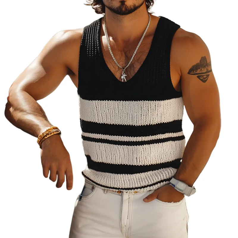 Men's Summer Fashion Casual U-neck Knitted Black And White Horizontal Striped Tank Top MTA2649F7K sold by Manly