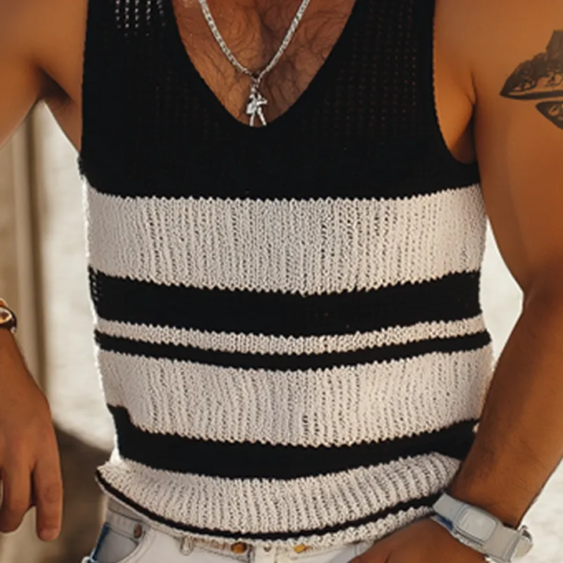 Men's Summer Fashion Casual U-neck Knitted Black And White Horizontal Striped Tank Top MTA2649F7K sold by Manly product image thumbnail 5