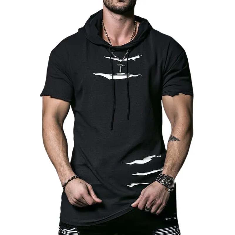 Men's Ripped Short-Sleeved Loose Hoodie MTA2601F0X sold by Manly