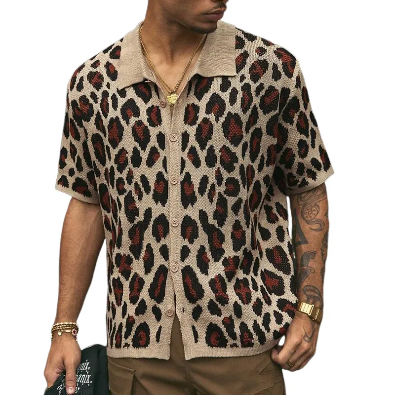 Men's Leopard Jacquard Knit Lapel Single Breasted Shirt MTA2689F2X sold by Manly