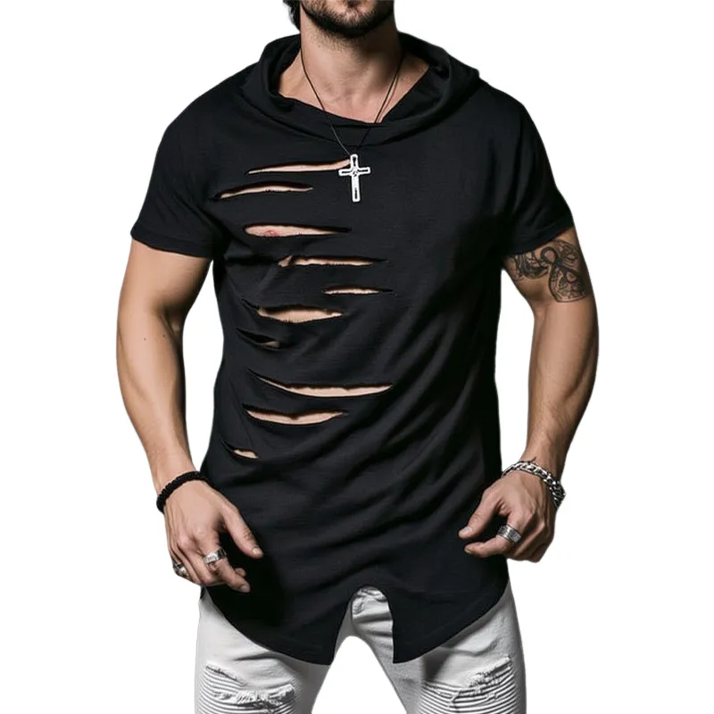 Men's Loose Solid Color Ripped Short-Sleeved Hoodie MTA2673F4X sold by Manly