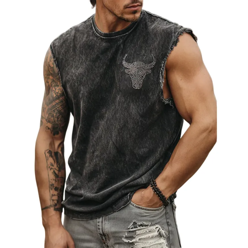 Men's Washed Round Neck Hot Stamped Sleeveless Denim Tank Tops MTA2686F5X sold by Manly