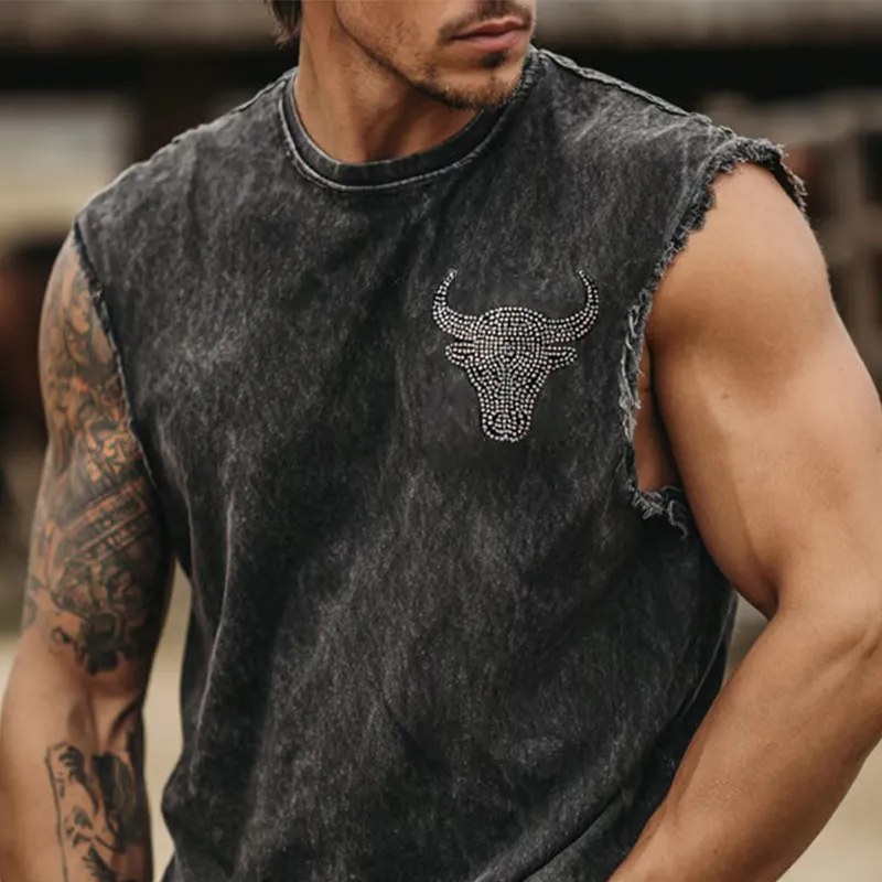 Men's Washed Round Neck Hot Stamped Sleeveless Denim Tank Tops MTA2686F5X sold by Manly product image thumbnail 2