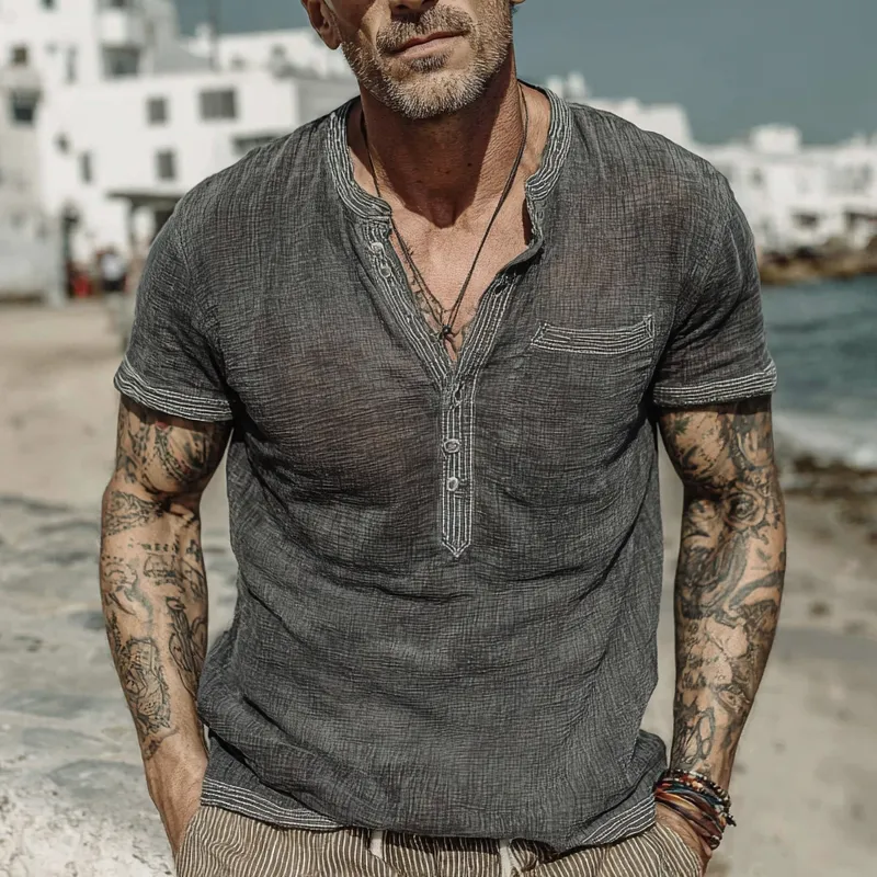 Men's Cotton And Linen Round Neck Pullover Short Sleeve Shirt MTA2704F9X sold by Manly product image thumbnail 2